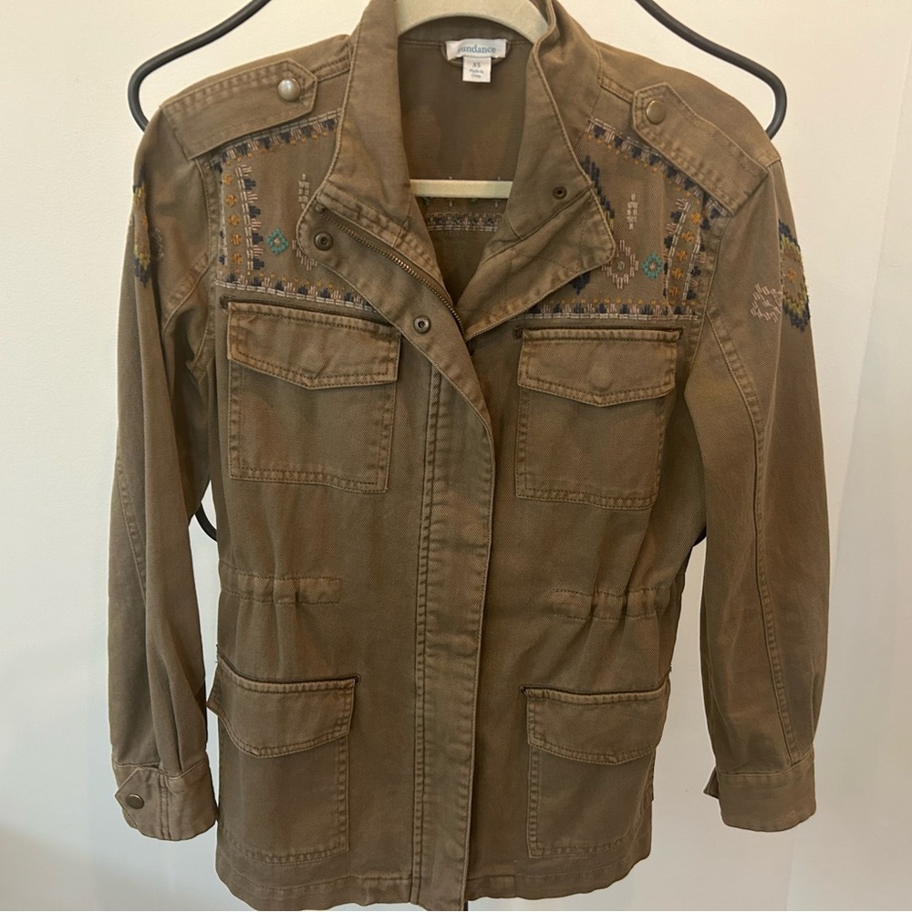 SUNDANCE BOUTIQUE Embroidered Khaki Green Drawstring Waist Jacket XS
